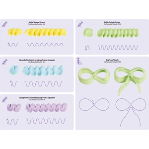 Instructional guide for piping nozzle techniques No. 104 and 86 with ruffle patterns