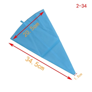 Blue reusable silicone piping bag showing measurements 34.5cm length and 20.5cm width