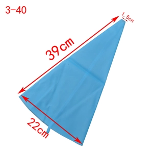 Blue silicone piping bag detail showing 39cm length and size dimensions for baking