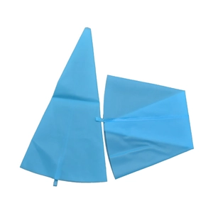 Detail of blue silicone pastry bags showing smooth texture and hanging loops for DIY baking