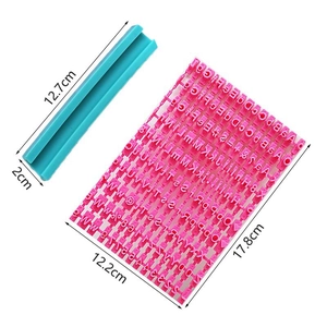 Detailed size view of DIY cookie stamp set with alphanumeric letters and holder