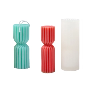 Spiral ribbed pillar candle silicone mold with finished twisted geometric wax candles