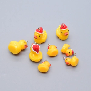 Cute resin yellow duckling DIY pendants with red Christmas hats and metal loops