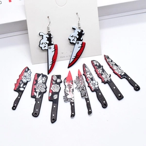 Gothic Acrylic Halloween Bloody Knife Pendants For DIY Earring Necklace Flower Skull Puppy Pattern Jewelry Making Accessories