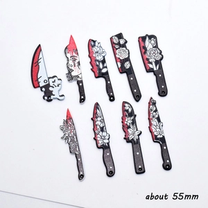Set of 9 Halloween acrylic knife pendants with floral patterns and red blood splatters