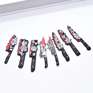 8pcs Acrylic Halloween knife pendants with bloody rose patterns for DIY jewelry making