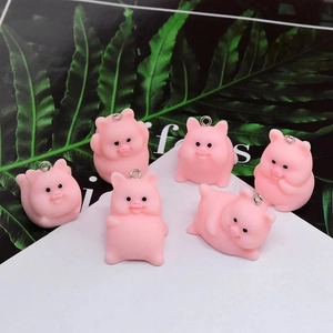 Set of 6 cute pink resin yoga pig pendants with metal rings for DIY jewelry