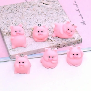 Set of 6 cute pink resin yoga pig pendants with silver rings for DIY jewelry making