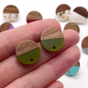 Round wood and green resin splice earrings studs for DIY jewelry making accessories