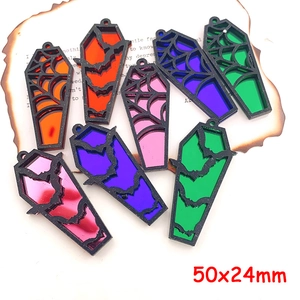 Halloween coffin pendants with spider web and bat patterns in mirror acrylic 50x24mm