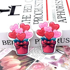 Cartoon heart flower pot wooden pendants with red bow for DIY jewelry making