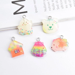 DIY colorful resin pendants set featuring cartoon ghost, bear, house, shell, and hedgehog