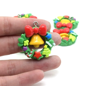 Christmas wreath resin charms with red bow and yellow bells for DIY jewelry making