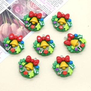 Set of 7 Christmas wreath resin pendants with red bows and tiny bells for DIY jewelry making