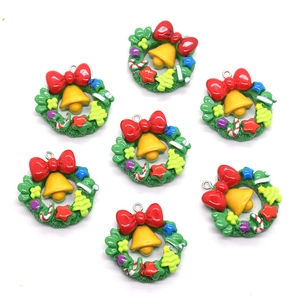 Christmas wreath pendant with red bow and gold bell for DIY jewelry making