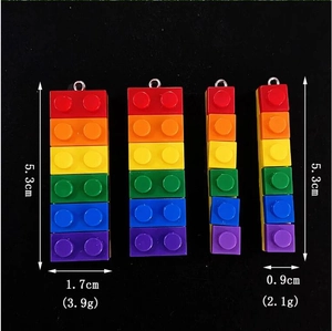 Detailed size and weight comparison of colorful resin building block charms with metal rings