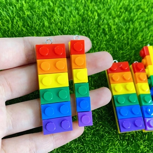 Rainbow building block resin pendant with silver metal ring for creative DIY jewelry
