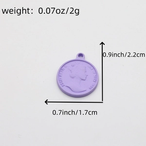 Vintage purple Queen Elizabeth II round alloy coin pendant with dimension details