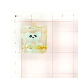 Cute resin bear charm with blue teddy and gold glitter inside, size 2.5cm x 2.2cm