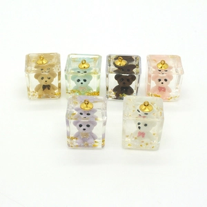 Set of 6 cute glitter resin bear charms in transparent cubes with gold metal loops
