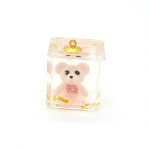 Cute resin teddy bear pendant in clear cube with gold flakes for DIY jewelry making