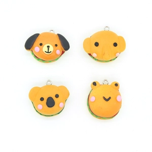 Set of four resin cartoon animal charms featuring dog, elephant, frog and koala with hamburger base