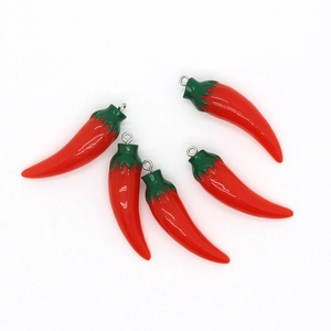 Five-piece set of realistic red resin chili charms with silver rings for DIY jewelry