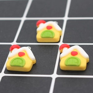 Three yellow resin mushroom house charms with green doors and red hearts for DIY crafts