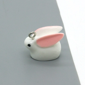 Cute white bunny pendant charm with pink ears and metal ring for DIY jewelry making