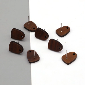 DIY geometric dark brown wooden stud earrings with metal pins and natural grain