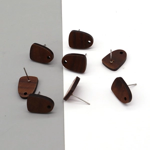 Vintage Geometric Wood Earring Post DIY Jewelry Findings With Metal Stud Base Dark Brown Natural Wood Earring Components