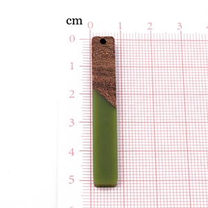 Detail van een 5,2 cm lange hanger van hout en hars met maataanduiding in cm