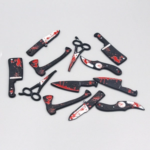 Gothic Halloween bloody weapon pendants featuring acrylic cleaver, axe, and dagger for DIY crafts