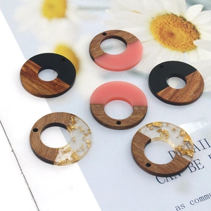 Wood Resin Splicing Round Hollow Pendant For DIY Earring Jewelry Making Accessory Retro Minimalist Gold Foil Inlay Charms