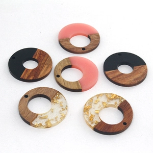 Minimalist round wood and resin pendant charms with gold foil for DIY earring making