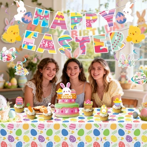 Easter party decoration set with Happy Easter banners, cute bunny toppers and tablecloth