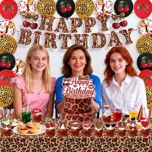 Leopard and cherry birthday party set with banner, balloons, cake toppers and tablecloth
