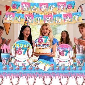 Colorful 67th birthday party tableware set with donut and baseball themed decorations