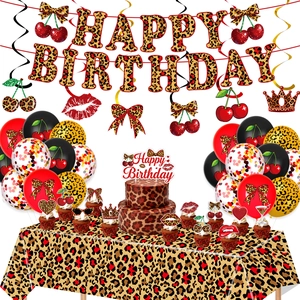 Leopard Cherry Birthday Party Decorations Set Red Gold Bowknot Banner Balloons Cake Topper Tablecloth For Party Supplies