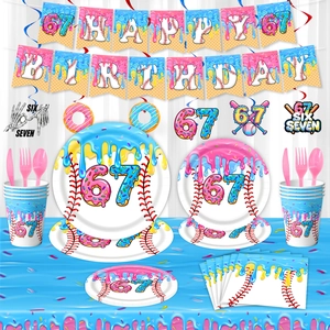 Baseball Donut Birthday Party Supplies Tableware Decoration Kit Banner Plates Cups Napkins Tablecloth For Kids Party Decor