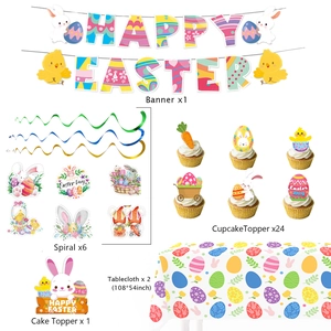 Easter party decoration set with Happy Easter banner, egg cupcake toppers and tablecloth