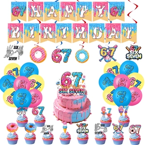 Detail of 67th birthday party set with baseball donuts banner and hanging swirls