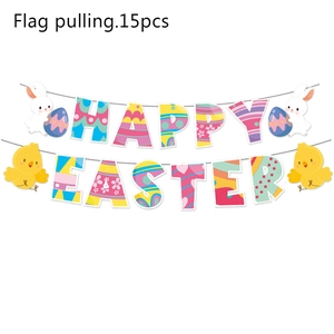 Detail view of 15pcs Happy Easter banner set with colorful bunnies and eggs patterns