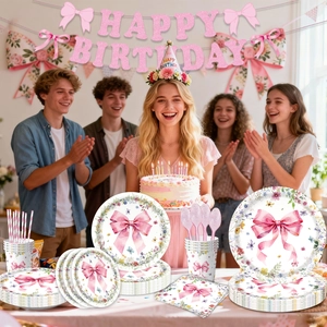 Pink bow wildflower birthday party tableware set for girls featuring floral paper plates