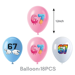 18PCS 12-inch balloons in pink blue and white with number 67 design for birthday party