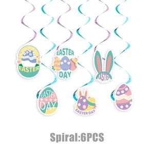 Close-up of Easter spiral hanging decorations with pastel eggs and cute bunny ear cutouts
