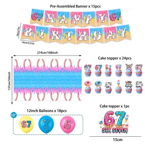 Detailed layout of the baseball and donut themed 67th birthday party decoration set components