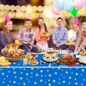 Disposable blue tablecloth with yellow star pattern for kids birthday and festive party decor