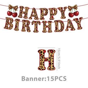 Detail of leopard print Happy Birthday banner with red glitter trim and cherry bow accents