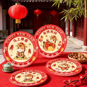 Chinesisches Mondneujahr Jahr Des Pferdes Rot Gold Einweg Pappteller Pappbecher Cartoon Tier Festliches Partygeschirr